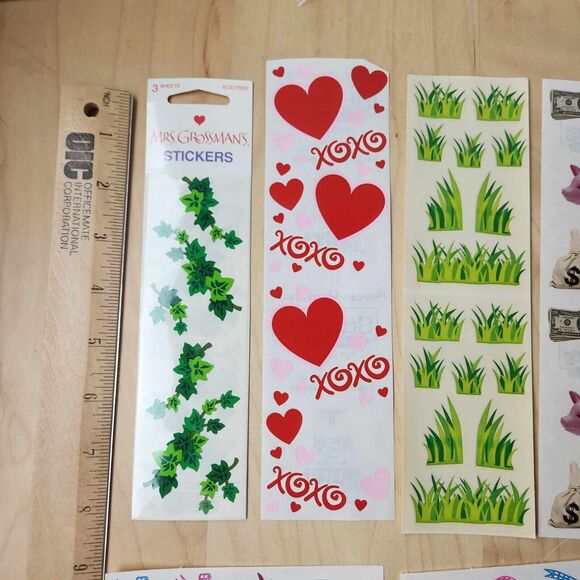 Lot of Misc Scrapbook Stickers 12 Sheets Hearts Dogs Pigs Grass Ribbons Etc - Picture 2 of 6